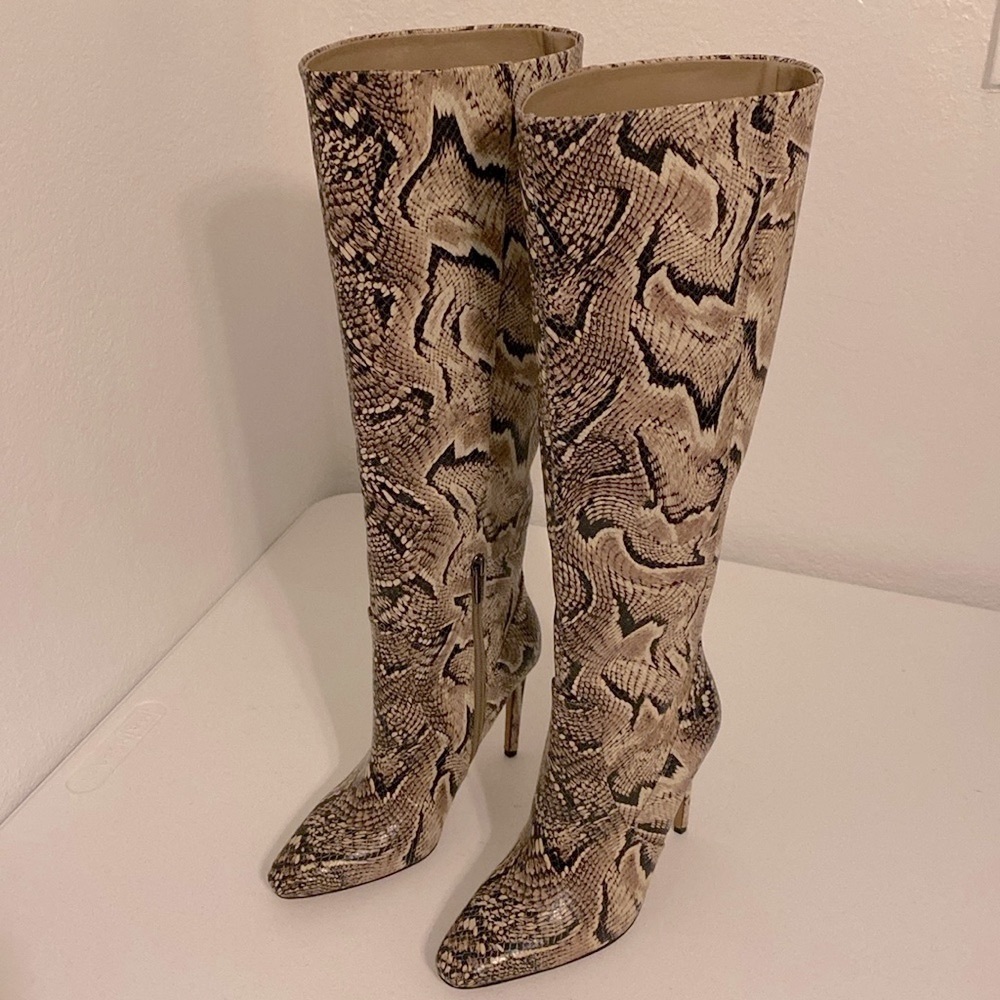 Vince Camuto Leather Snakeskin Knee High  Brown Tan Heel Boots  Size 5M